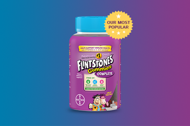 purple bottle of flintstones gummies Complete and text that reads "good stuff in. Other stuff out"
