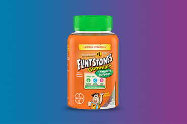 orange bottle of Flintstones gummies immunity support and text that reads "good stuff in. Other stuff out"  