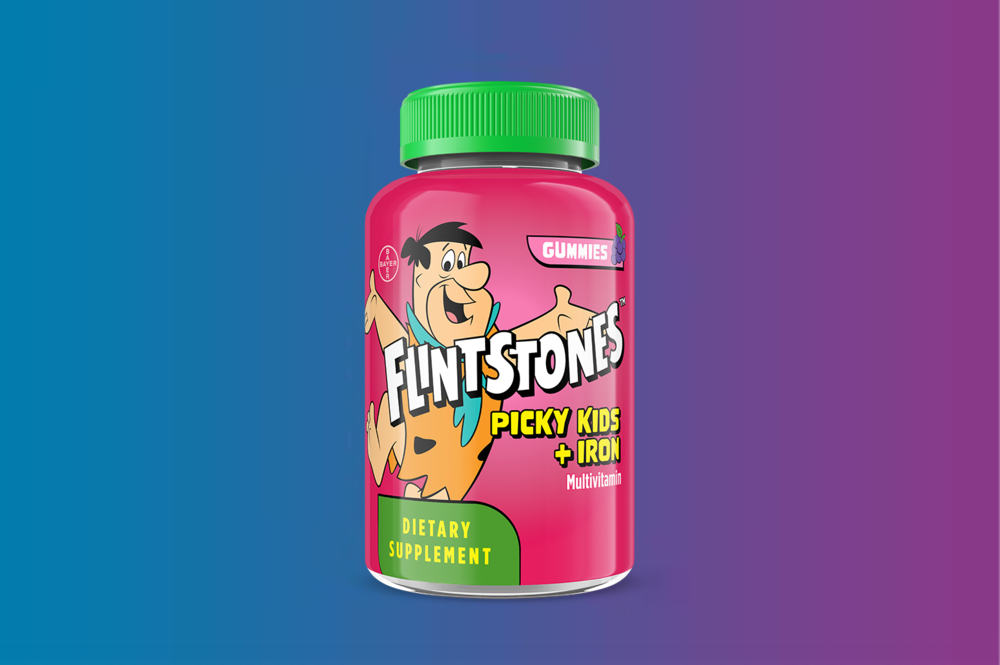 Pink Bottle of Flintstones™ Picky Kids with Iron Multivitamin Gummies 